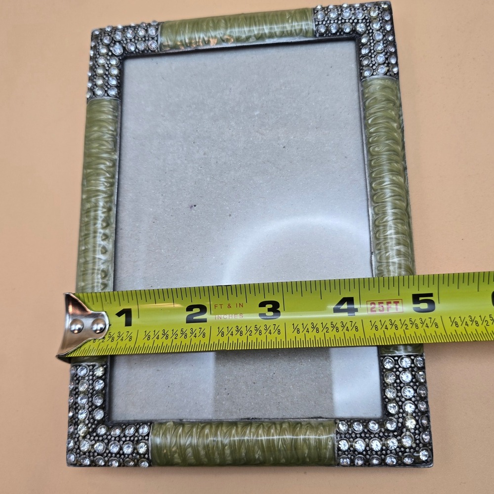 Sage Green Enamel and Rhinestone Picture Frame Vintage Style 4x6 Tabletop Decor - Picture 13 of 16